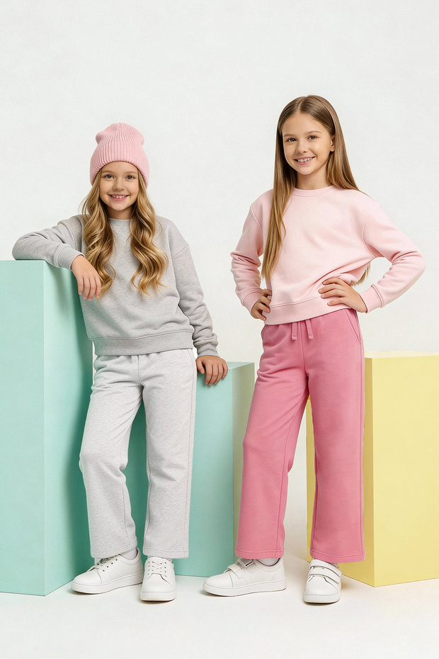 Gri-Pembe 2'li Düz/Basic Beli Lastikli Örme Kız Çocuk Pantolon TKDAW26TA00002 - 1