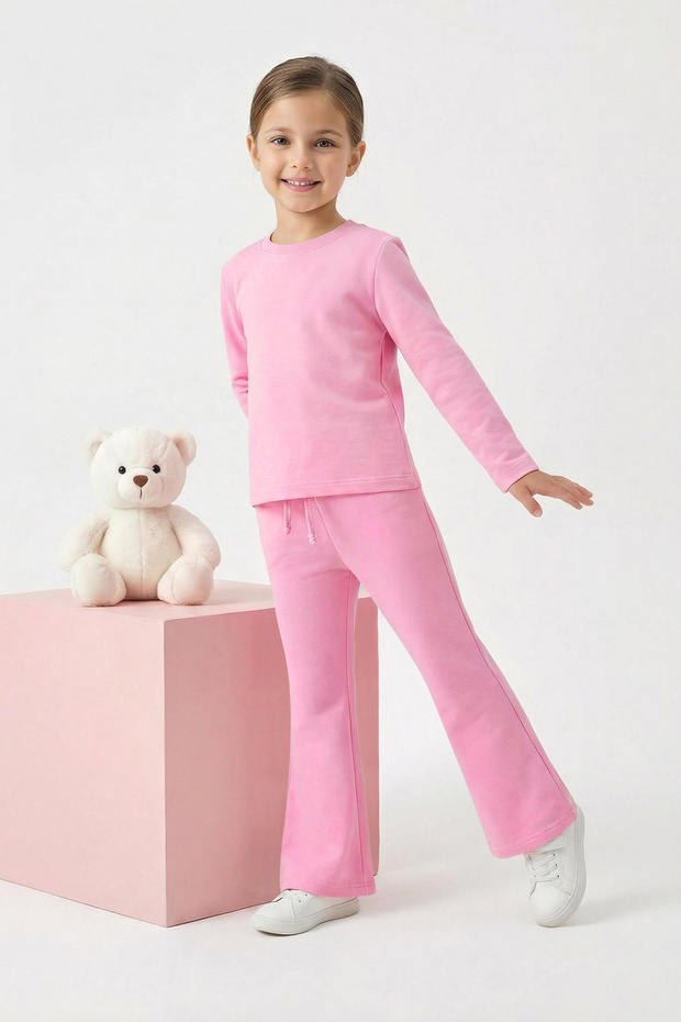 Pembe Düz/Basic Esnek Bisiklet Yaka Regular Örme Kız Çocuk Taytlı Alt - Üst Takım TKDAW26AU00010 - 1