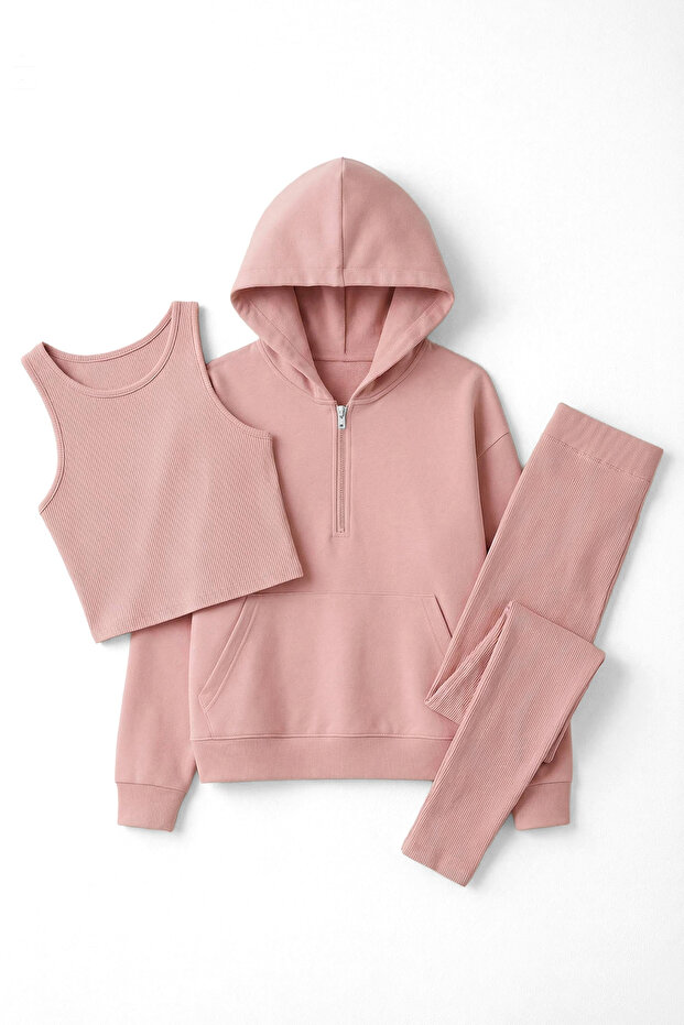 Gül Kurusu 3'lü Oversize/Geniş Kalıp Kapüşonlu Taytlı Örme Alt - Üst Takım TWOAW26AU00151 - 1