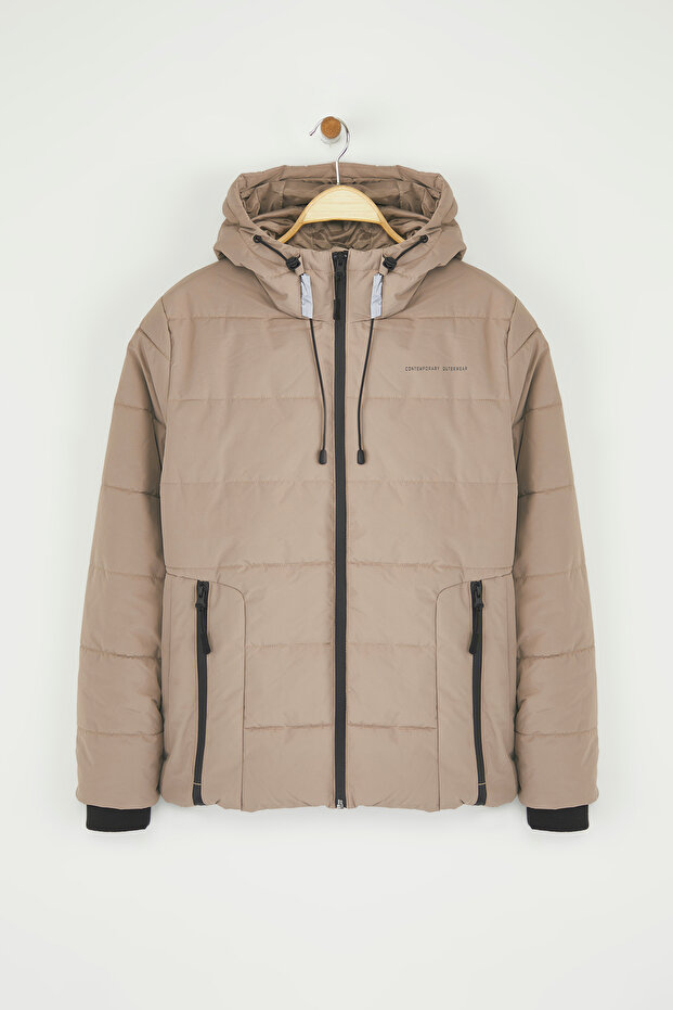 Beżowa regularna kurtka z kapturem, wodoodporna, nadmuchiwana TWOAW26MO00000 - 7