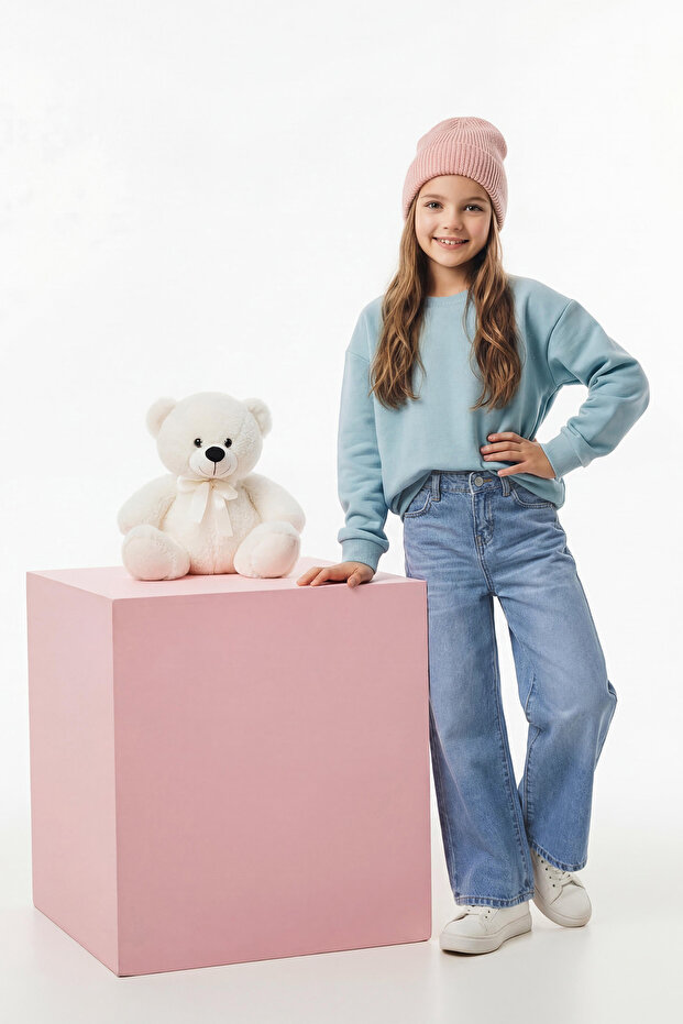 Mavi 100% Pamuk Ayarlanabilir Lastikli Düz Kız Çocuk Flare Denim Jeans TKDAW26JE00006 - 1