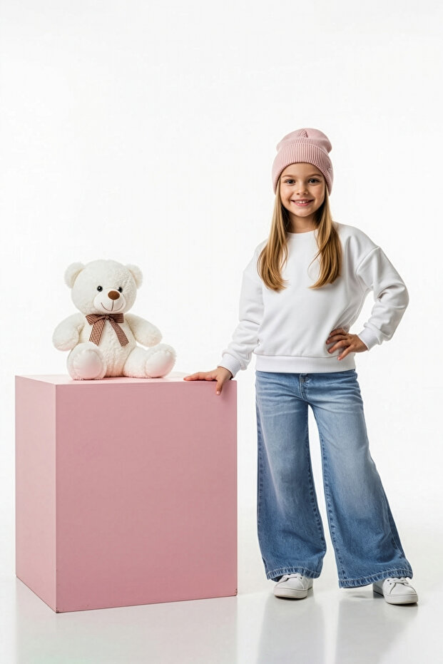 Mavi Düz %100 Pamuk Kız Çocuk Ayarlanabilir Lastikli Denim Pantolon TKDAW25PL00003 - 1