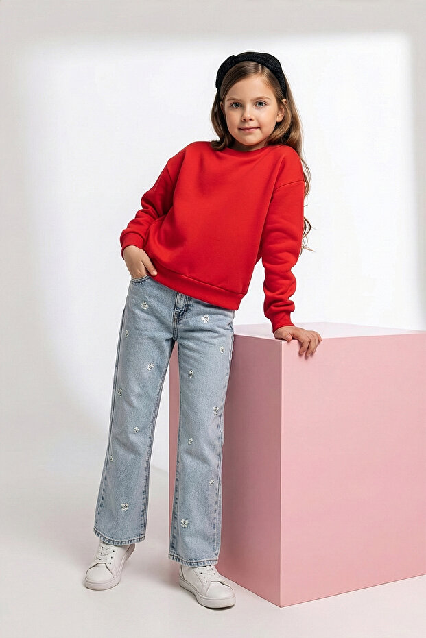 Mavi 100% Pamuk Çiçekli Nakışlı/İşlemeli Kız Çocuk Denim Jeans TKDAW26JE00011 - 1