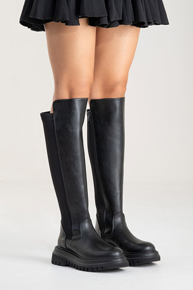 SHADOW Черни дамски ботуши с еластични детайли - 2