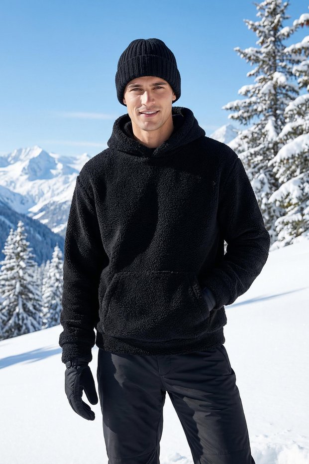 Black Unisex Oversize/Wide Cut Sherpa Fleece/Plush Hooded Sweatshirt Tmnaw25Sw00147