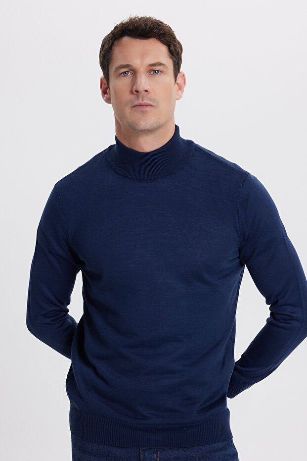 Men's Slim Fit Slim Fit Half Turtleneck Solid Navy Blue Knitwear Sweater