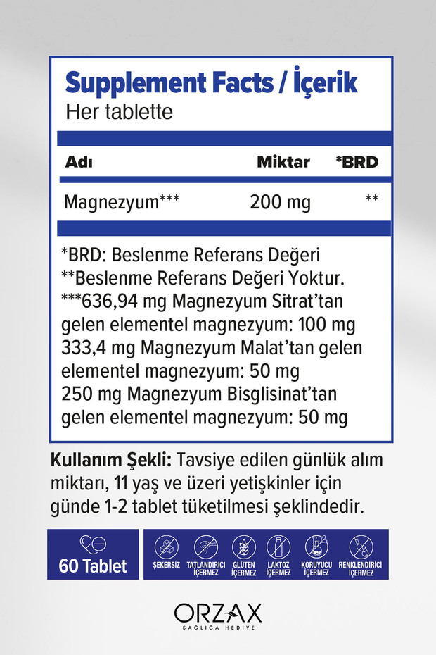 ExtraMag Üçlü Kombinasyon Magnezyum 200 mg Takviye Edici Gıda 60 Tablet - 2