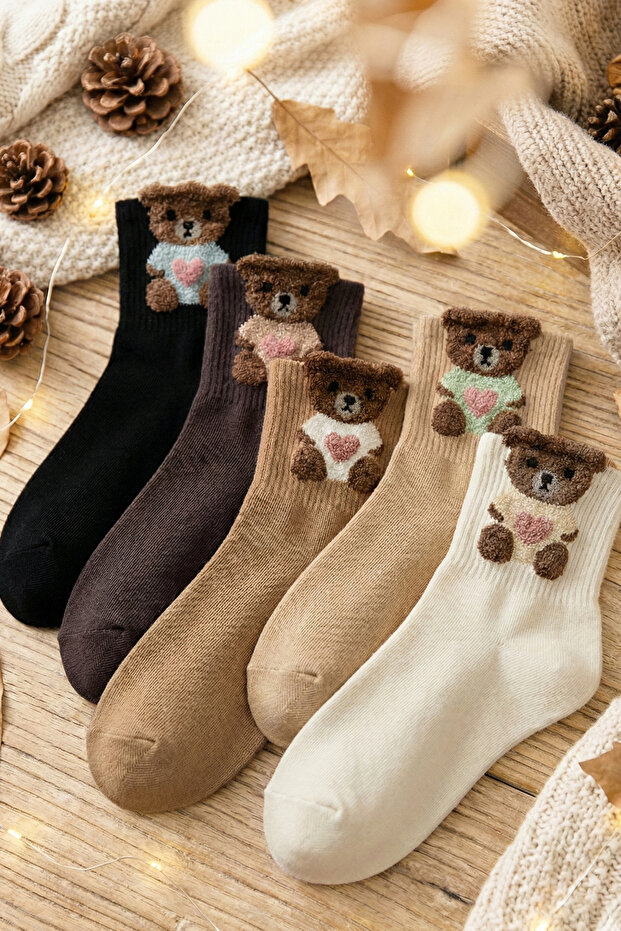 5 Pairs Teddy Bear Patterned Women's Socks
