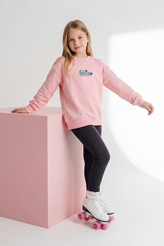 Pembe Kız Çocuk Pamuklu Baskılı Oversize Örme Alt - Üst Takım TKDAW26AU00023 - 1