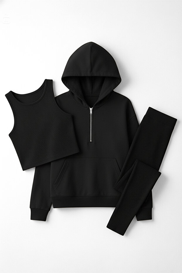 Siyah 3'lü Oversize/Geniş Kalıp Kapüşonlu Taytlı Örme Alt - Üst Takım TWOAW26AU00151 - 2