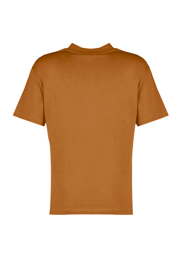 Açık Kahverengi %100 Pamuk Basic Regular/Normal Kalıp Dik Yaka Örme T-Shirt TWOAW20TS0096 - 12