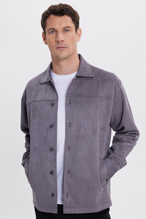 Men's relaxed fit comfortable straight leg suede grey jacket shirt with side pockets