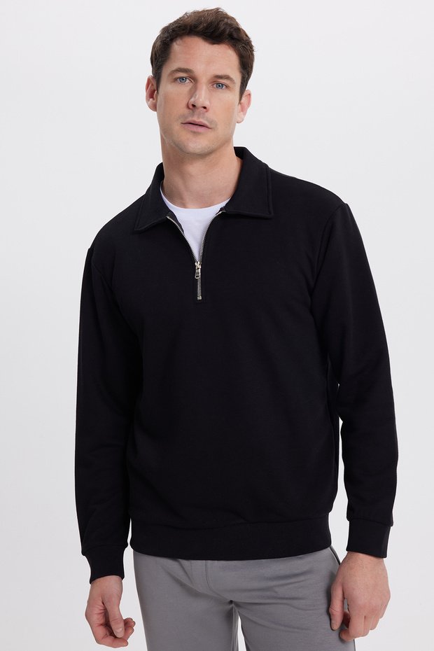 Men's Relax Fit Comfortable Cut Cotton 3 Thread Zippered Polo Neck Black Sweatshirt
