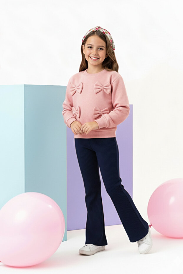 Pembe Bisiklet Yaka Oversize Kız Çocuk Örme Alt - Üst Takım TKDAW26AU00021 - 1