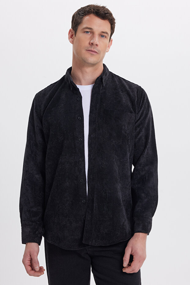 Men's Regular Fit Comfortable Cut Corduroy Look Buttoned Collar Pocketed Black Jacket Shirt