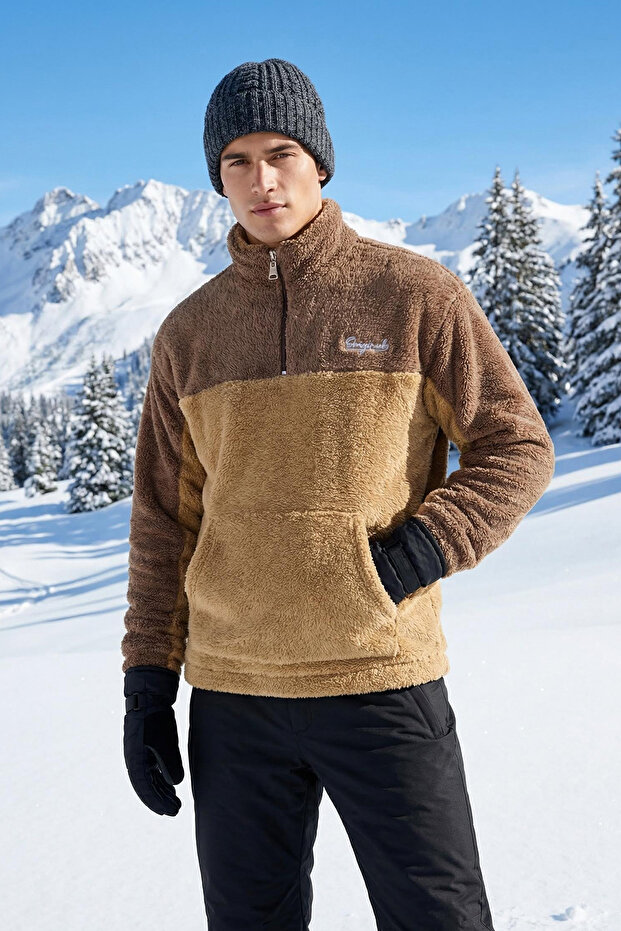 Camel Unisex Oversize/Geniş Kesim Renk Blok Sıcak Tutan Peluş Sweatshirt TMNAW22SW1477 - 1
