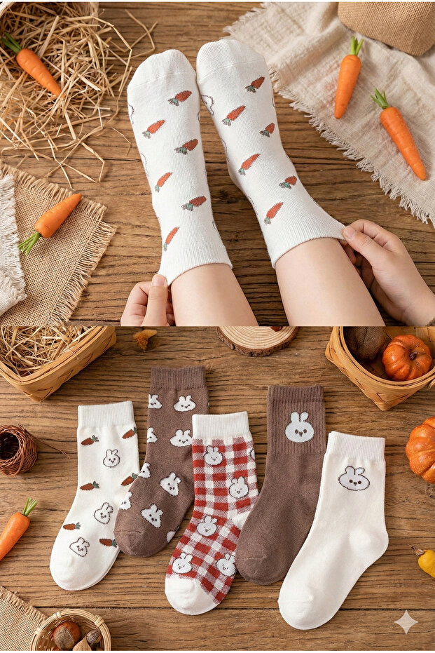 5 Pairs of Children & Adult Rabbit Patterned Socks