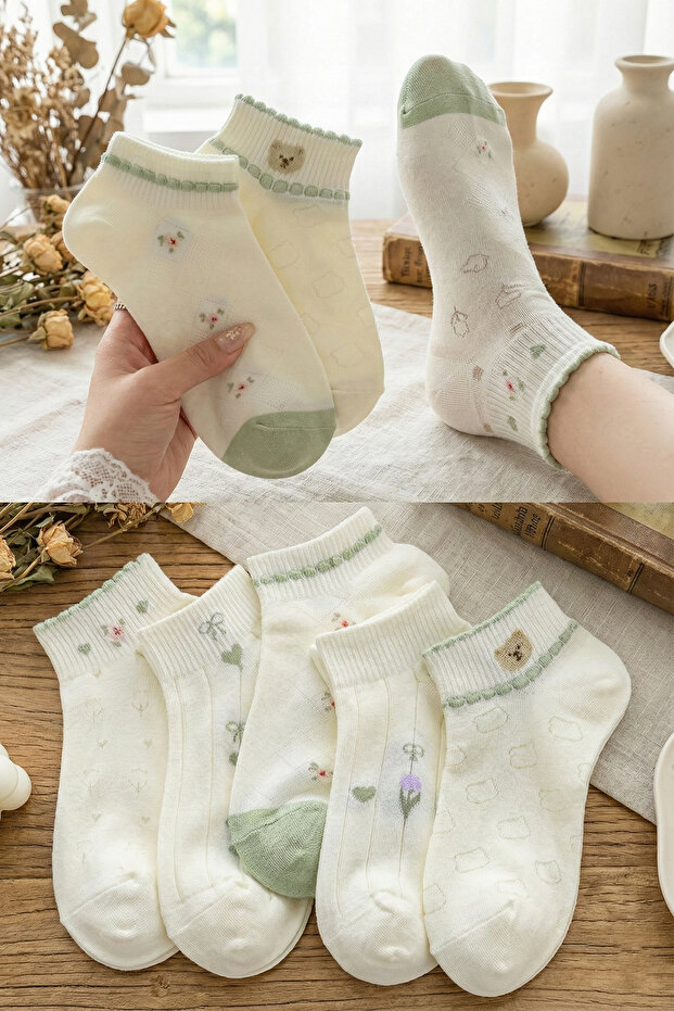 5 Çift Krem Soft Desenli Çorap - 1
