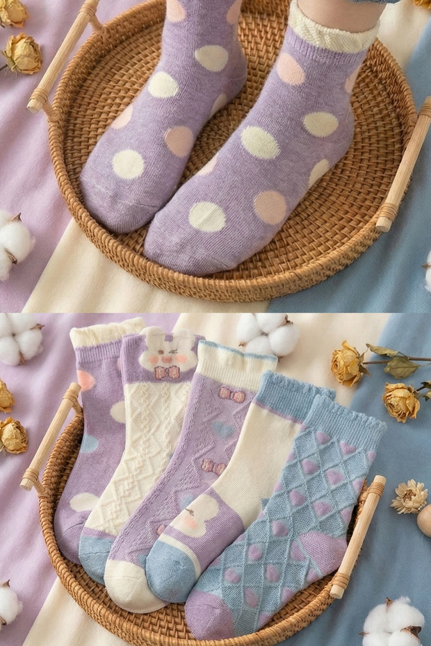 5 Pairs of Girls' Ribbon Patterned Socks