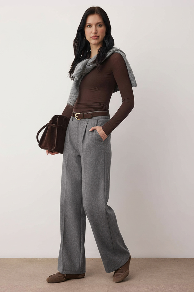 Gri Kalın Tuşeli/Kışlık Wideleg Geniş Paça Dokuma Pantolon TWOAW26PL00160 - 1