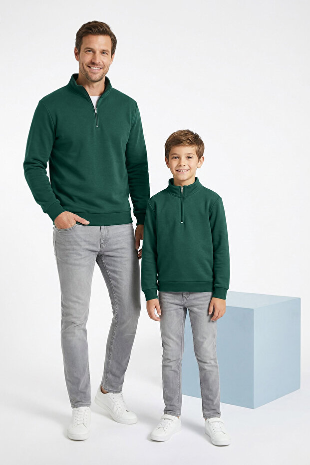 Zümrüt Yeşili Pamuklu Düz/Basic Dik Yaka Regular Örme Erkek Çocuk Sweatshirt TKDAW26SW00008 - 1
