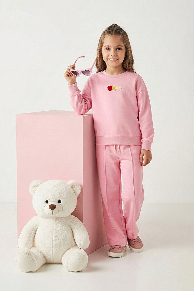 Pembe Pamuklu Kalpli Oversize Kız Çocuk Örme Alt - Üst Takım TKDAW26AU00001 - 1