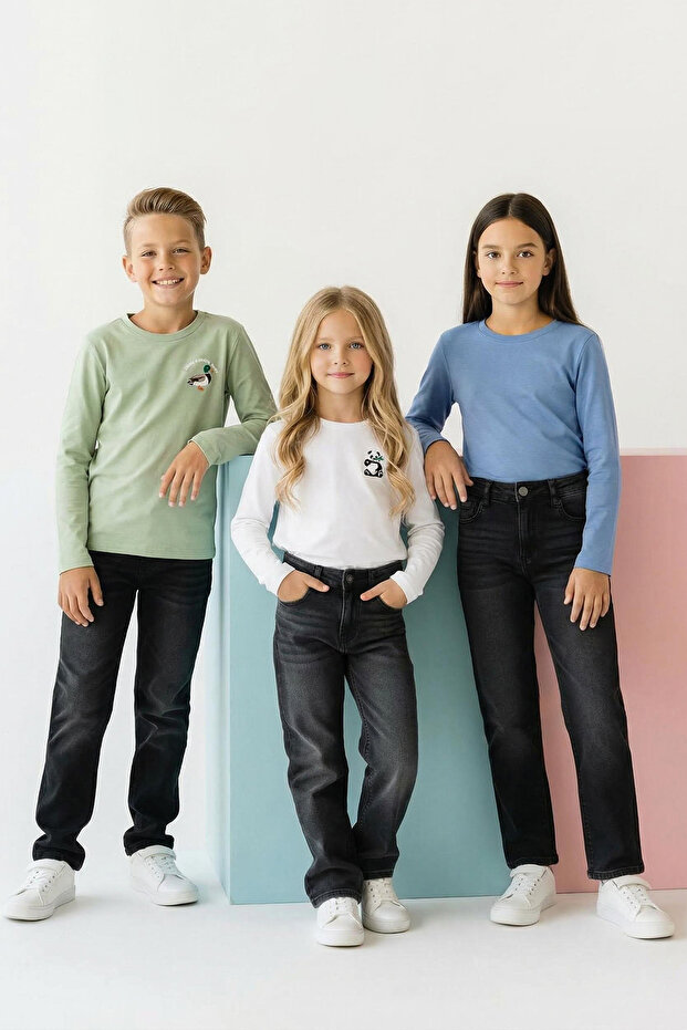 Indigo-Ekru-Mint 100% Pamuk 3'lü Animal Baskı Regular Örme Unisex Çocuk T-Shirt TKDAW26TS00009 - 1