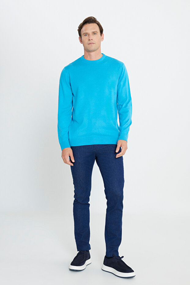 Erkek Turkuaz Tüylenme Yapmayan Anti-pilling Standart Fit Normal Kesim Bisiklet Yaka Triko Kazak - 2