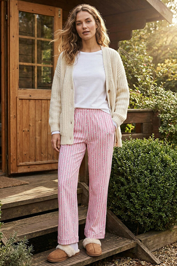 Pembe Pamuklu Çizgili ve Kalpli Örme Pijama Altı THMSS23PJ00002 - 1