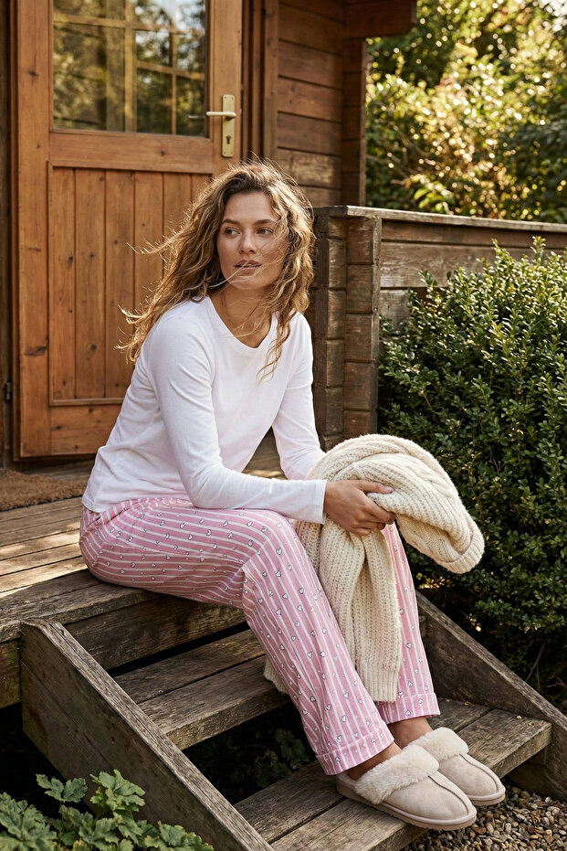 Pembe Pamuklu Çizgili ve Kalpli Örme Pijama Altı THMSS23PJ00002 - 2