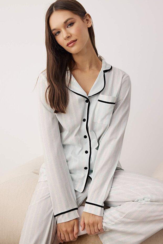 Açık Mavi %100 Pamuklu Çizgili Biye Detaylı Örme Pijama Takımı THMAW21PT0614 - 3