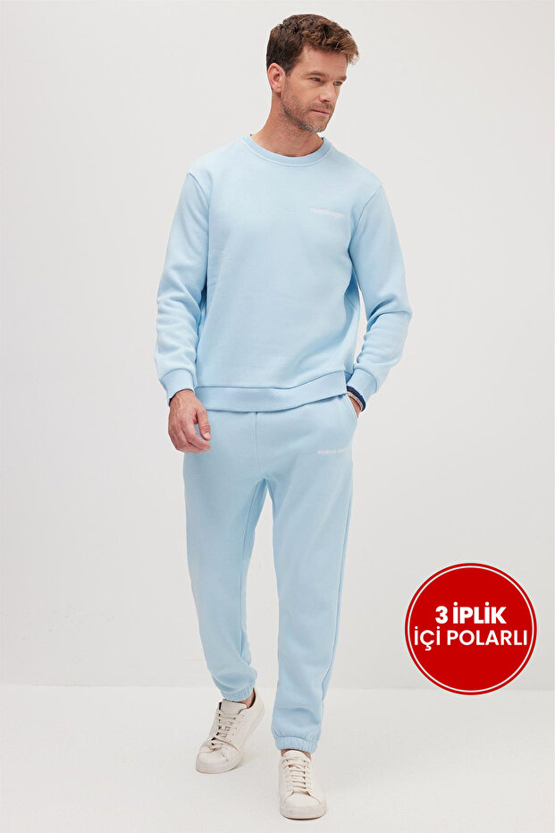 Men's relax fit cotton 3-thread soft textured fleece-lined crew neck blue tracksuit set