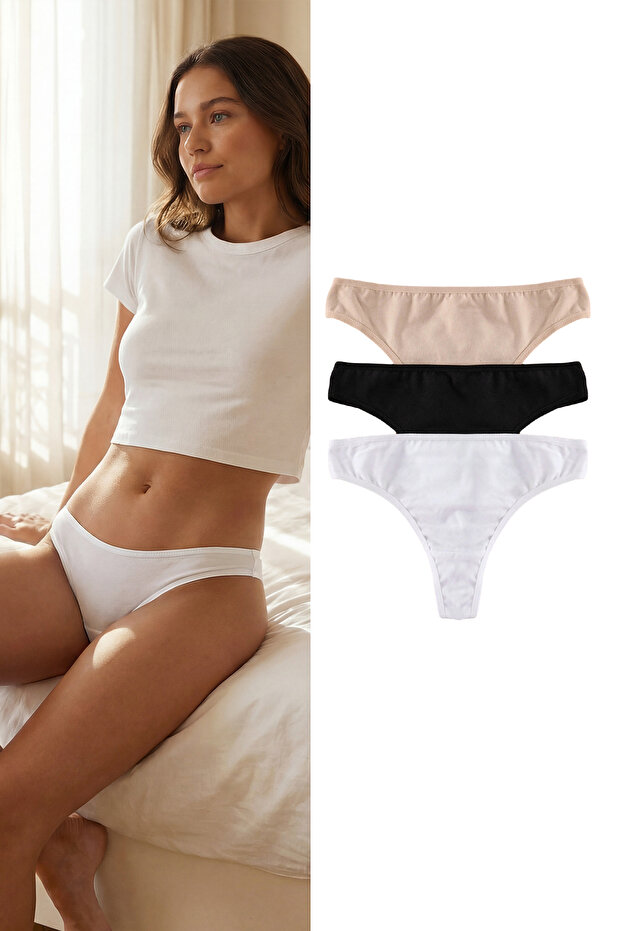 Siyah-Beyaz-Ten 3'lü Paket Pamuklu Tanga Örme Külot THMSS21KU0135 - 1