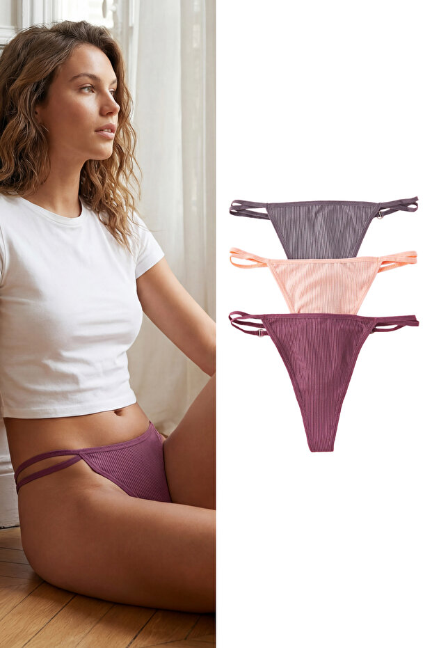 Grey-Salmon-Purplish 3 Pack Ribbed Thong Knitted Panties with Heart Accessory Detail Thmss25Ku00002
