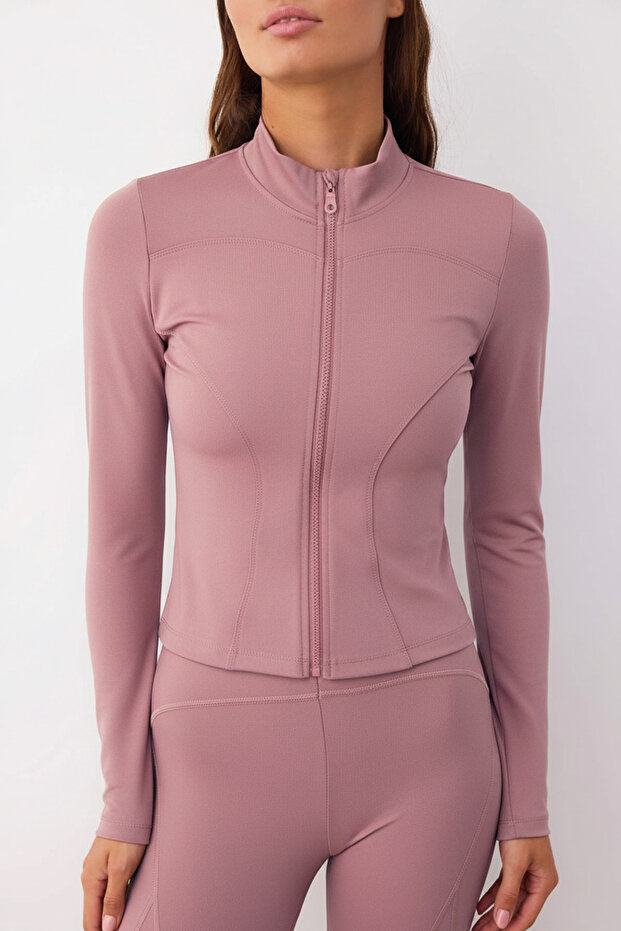 Gül Kurusu Vücuda Oturan Fermuarlı Dik Yaka Örme Spor Ceket/Sweatshirt TWOAW23BZ00592 - 3