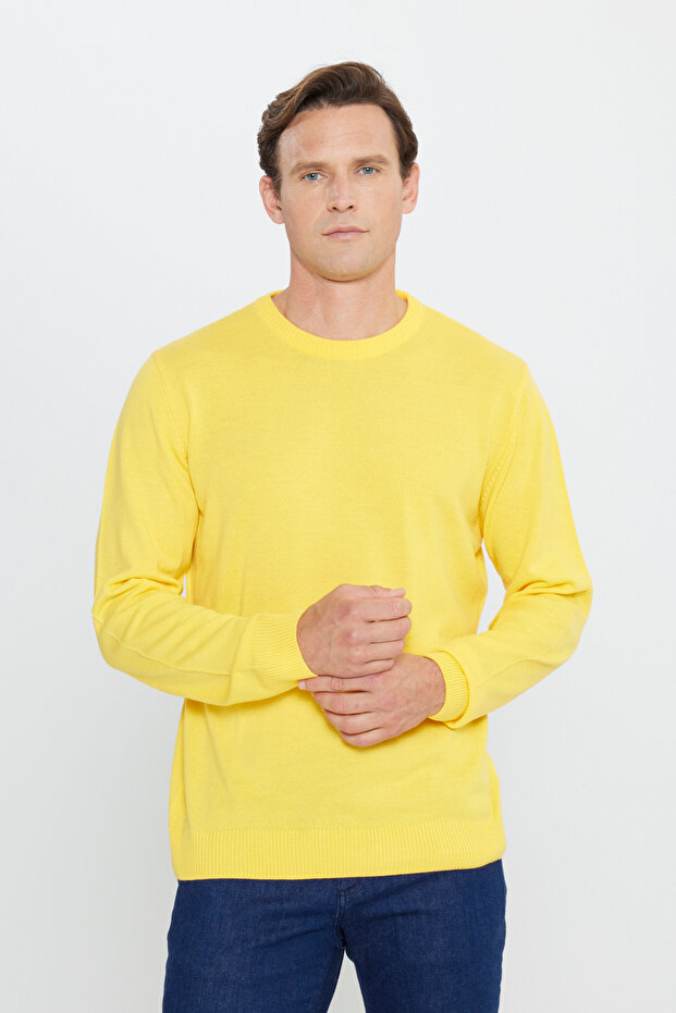 Men's Yellow Anti-Pilling Standard Fit Regular Cut Crew Neck Knitwear Sweater