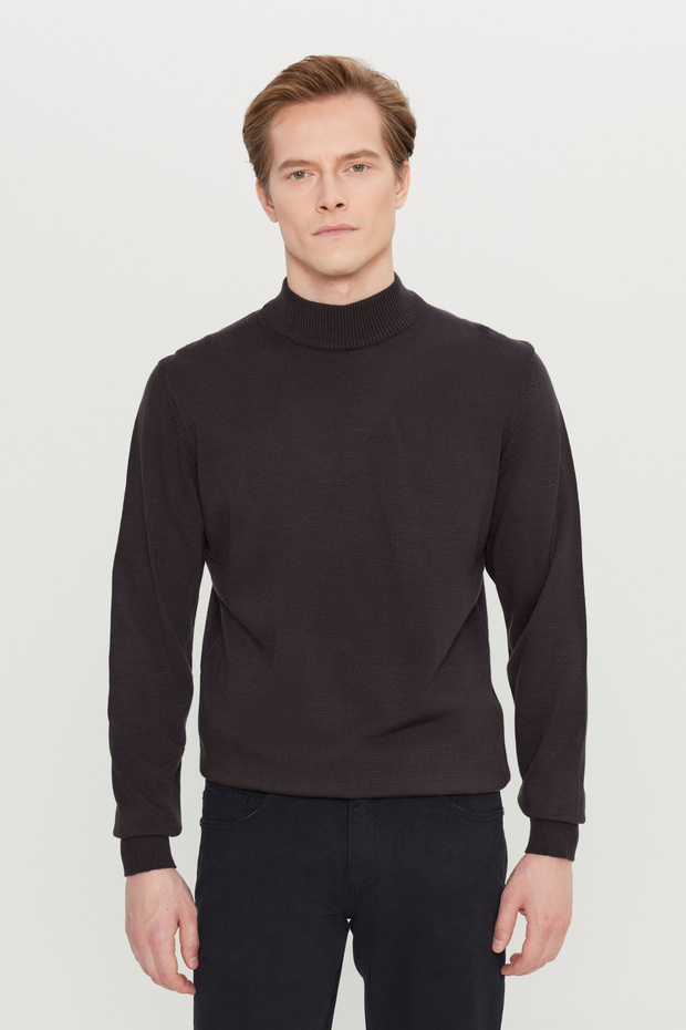 Men's Brown Non-Pilling Standard Fit Normal Cut Half Turtleneck Knitwear Sweater