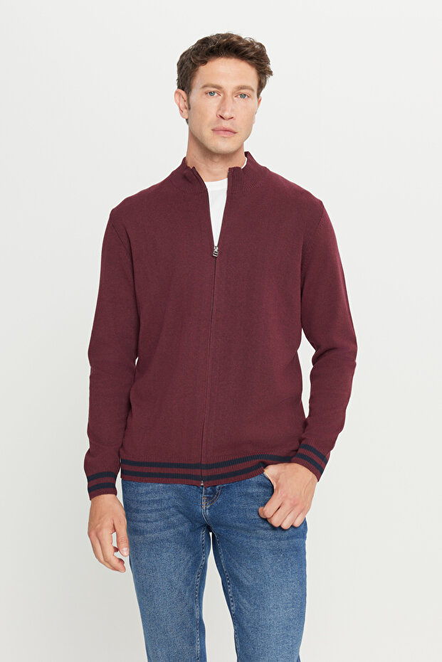 Men's Burgundy Cotton Zippered Mock Neck Knitwear Cardigan Jacket Standard Fit Regular Cut