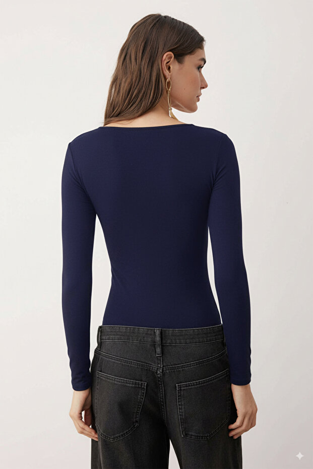 Lacivert Düz Asimetrik Yaka Uzun Örme Sandy Body TPRAW26BD00023 - 4