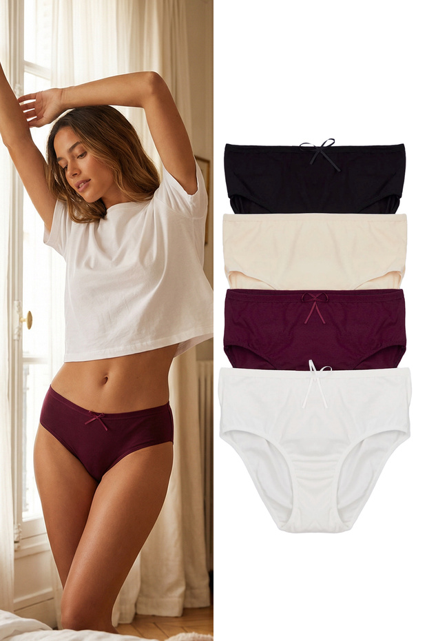 Bordo-Çok Renkli 4'lü Paket Pamuklu Kurdele/Fiyonk Detaylı Hipster Örme Külot THMSS24KU00040 - 1