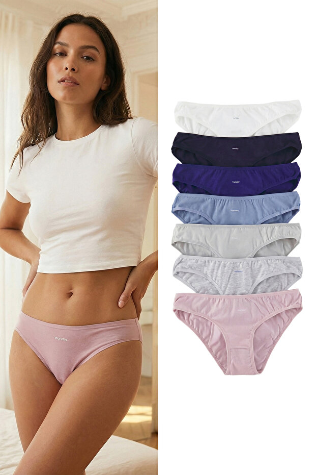 Mavi 7'li Paket Pamuklu Sloganlı Klasik Örme Külot THMAW25KU00030 - 1