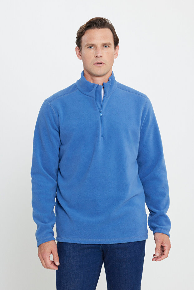 Men's Indigo Anti-pilling Non-Pilling Standard Fit Stand-up Collar Cold-Proof Fleece Sweatshirt