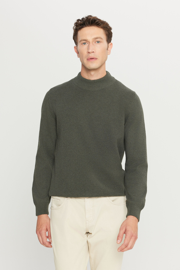 Men's Khaki Standard Fit Regular Cut Half Turtleneck Cotton Knitwear Sweater