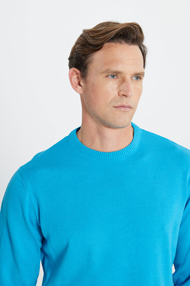 Erkek Turkuaz Tüylenme Yapmayan Anti-pilling Standart Fit Normal Kesim Bisiklet Yaka Triko Kazak - 5