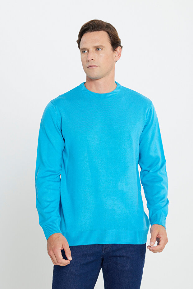 Erkek Turkuaz Tüylenme Yapmayan Anti-pilling Standart Fit Normal Kesim Bisiklet Yaka Triko Kazak - 4