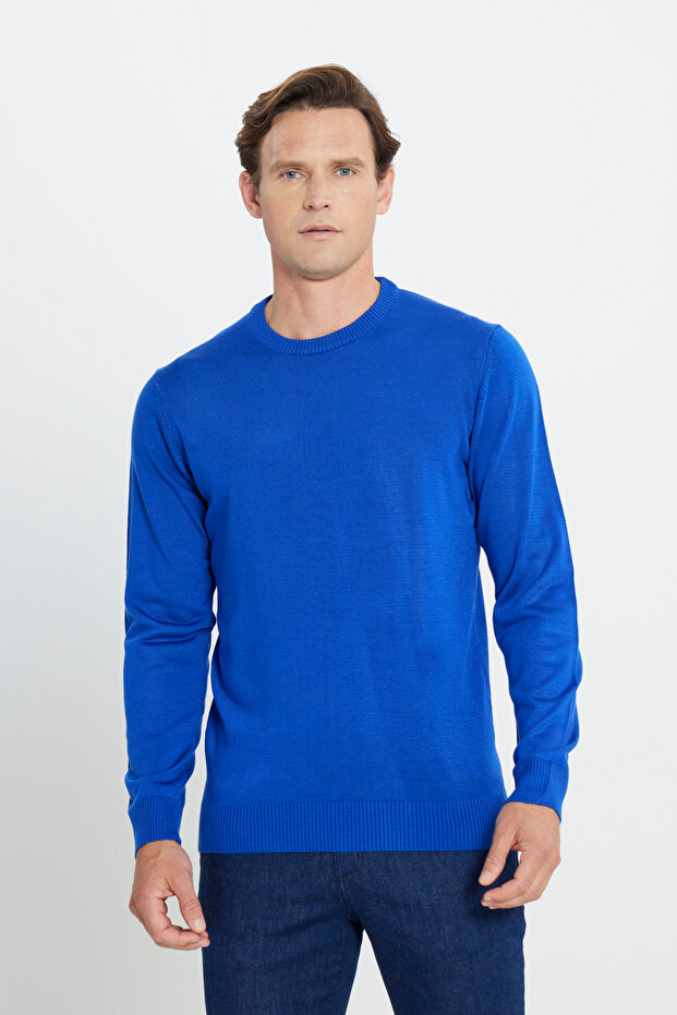 Men's Cobalt Blue Crew Neck Knitwear Sweater - Non-Pilling, Anti-Pilling, Standard Fit