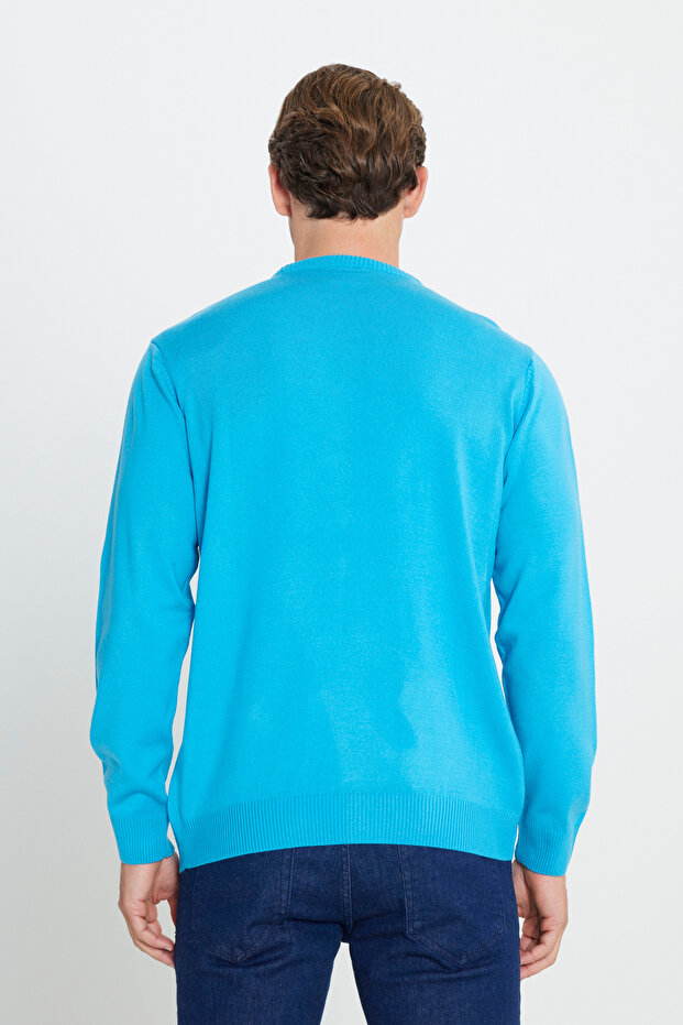 Erkek Turkuaz Tüylenme Yapmayan Anti-pilling Standart Fit Normal Kesim Bisiklet Yaka Triko Kazak - 6