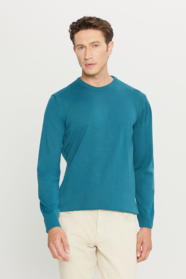 Men's Petrol Anti-Pilling Standard Fit Regular Cut Crew Neck Knitwear Sweater