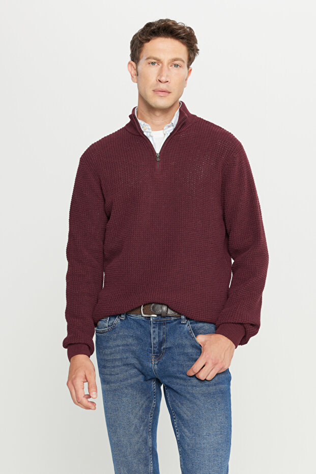 Men's Burgundy Cotton Standard Fit Regular Cut Bato Collar Jacquard Knitwear Sweater