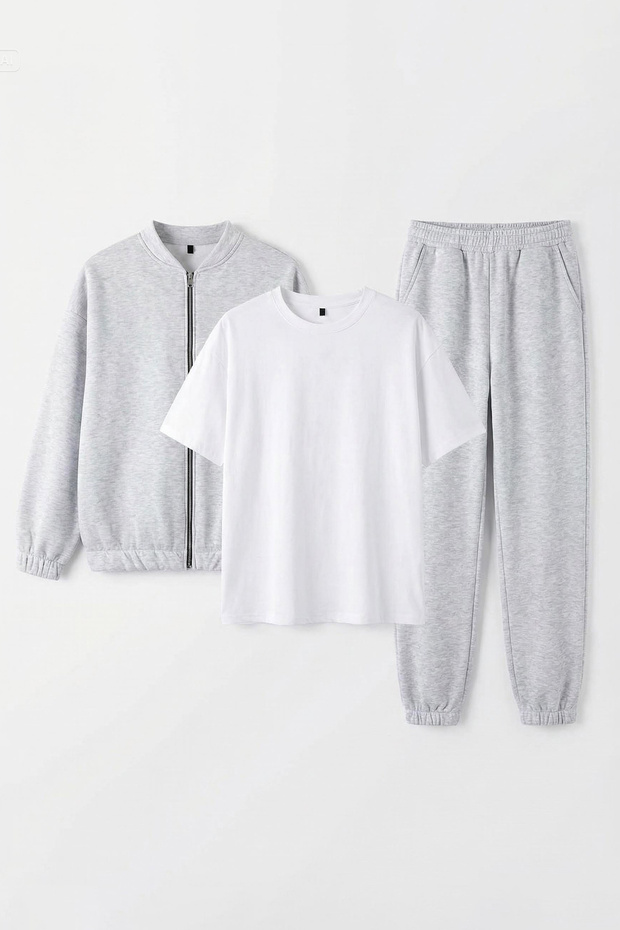 Graues 3-teiliges Trainingsanzug-Set aus Baumwoll-T-Shirt, Jogginghose und Sweatshirt mit Stehkragen und Reißverschluss TWOAW26EM00018 - 1